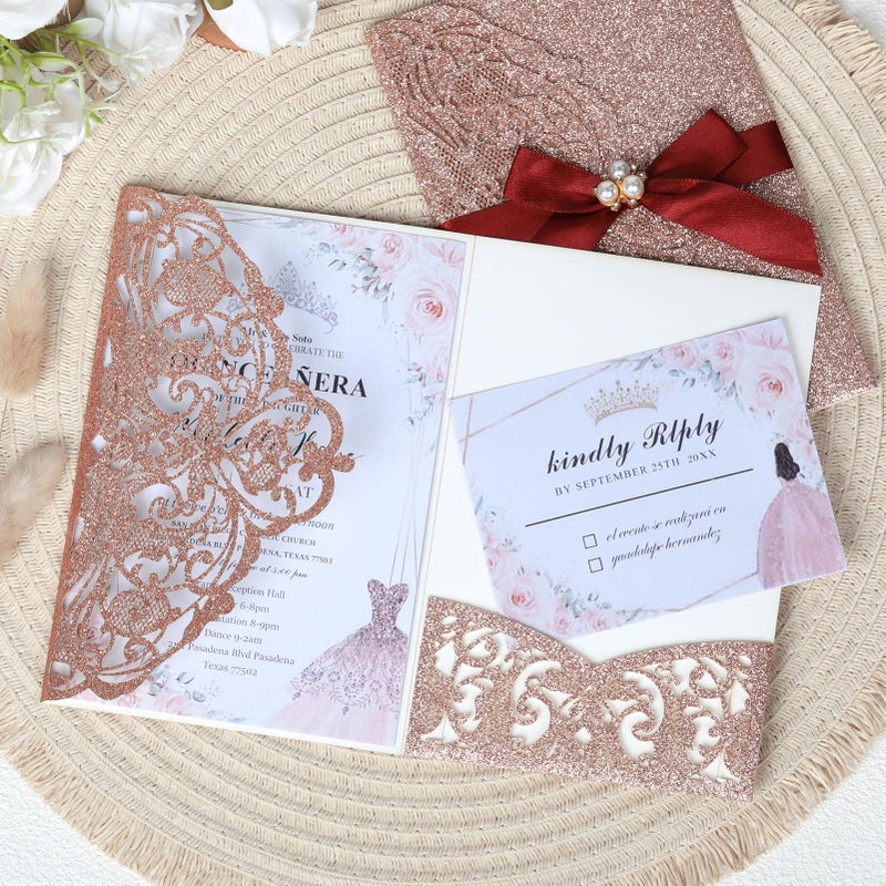 AdasBridal 25Pcs 250GSM Tri-Fold Glitter Wedding Invitations with RSVP Cards and Envelopes for Wedding Engagement Bridal Shower Birthday Quinceanera Party Invite(Rose Gold Glitter, 7.09 X 4.92inch) - Image 3